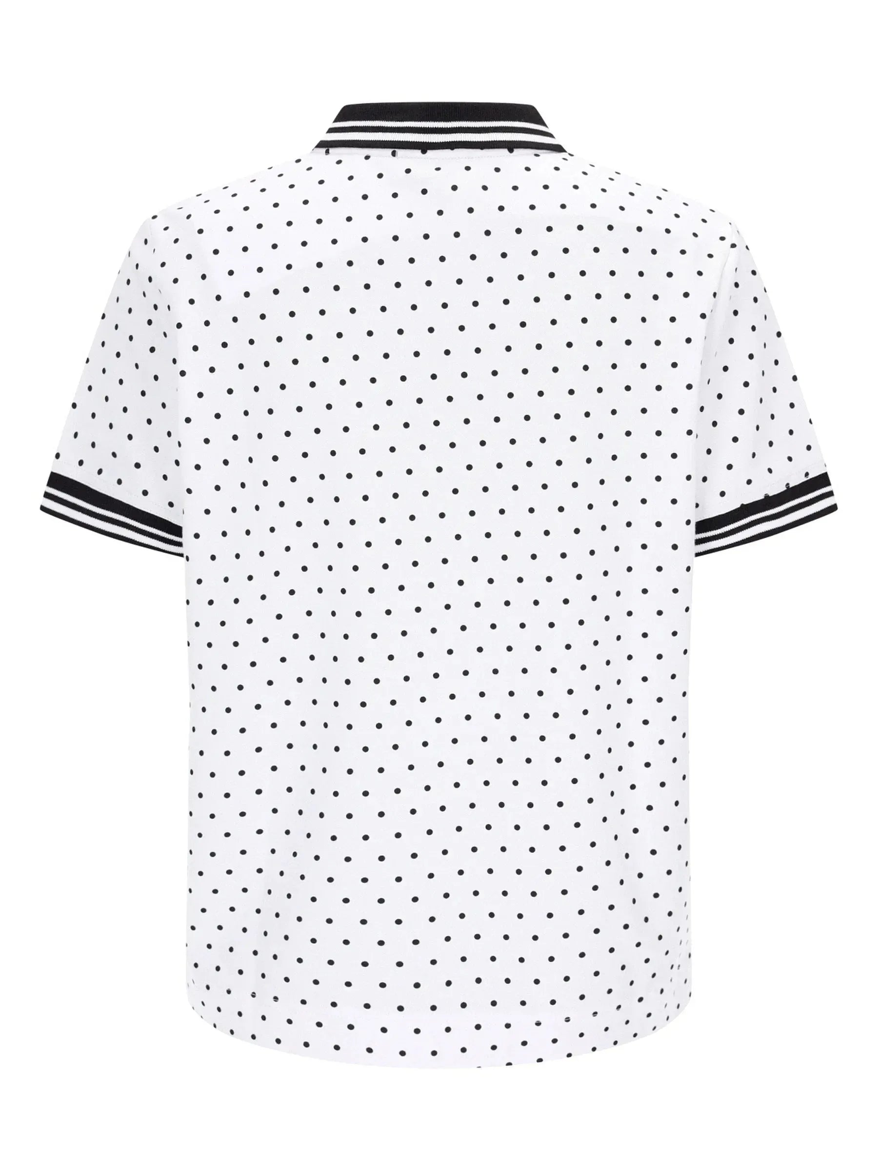 Weißes Poloshirt mit Tupfen-Print, schwarz gepunktet, gestreifte Manschetten