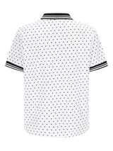 Weißes Poloshirt mit Tupfen-Print, schwarz gepunktet, gestreifte Manschetten