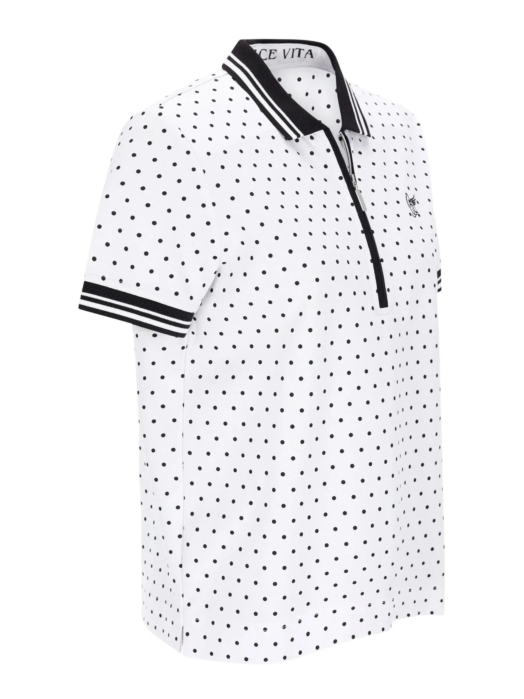 Poloshirt mit Tupfen-Print: weiß mit schwarzen Punkten, schwarzem Kragen und Streifen