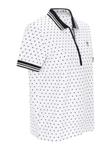 Poloshirt mit Tupfen-Print: weiß mit schwarzen Punkten, schwarzem Kragen und Streifen