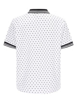 Weißes Poloshirt mit Tupfen-Print, schwarz gepunktet, gestreifte Manschetten