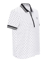 Poloshirt mit Tupfen-Print: weiß mit schwarzen Punkten, schwarzem Kragen und Streifen