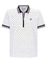 Poloshirt mit Tupfen-Print: weiß mit schwarzen Punkten, gestreiftem Kragen