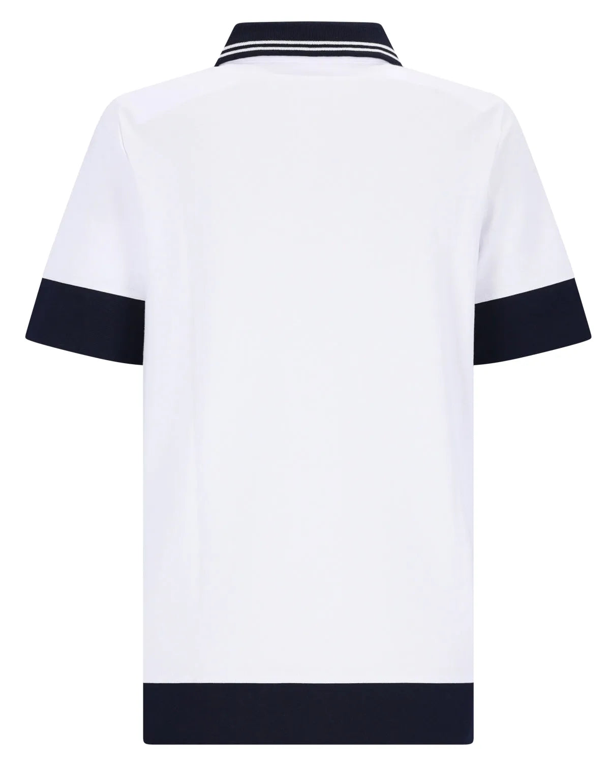 Weißes Poloshirt mit marineblauen Akzenten und Streifen, kurzen Ärmeln, Kragen und Rippenbündchen.