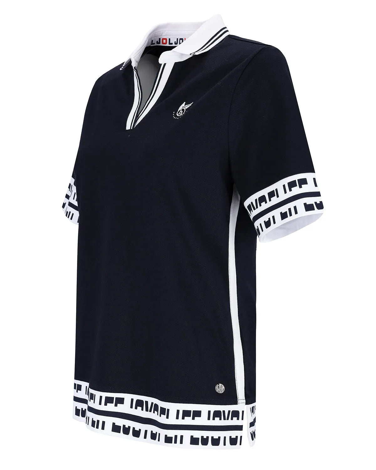 Marineblaues Poloshirt mit weißen und schwarzen Akzenten und einem Logo auf der linken Brust.