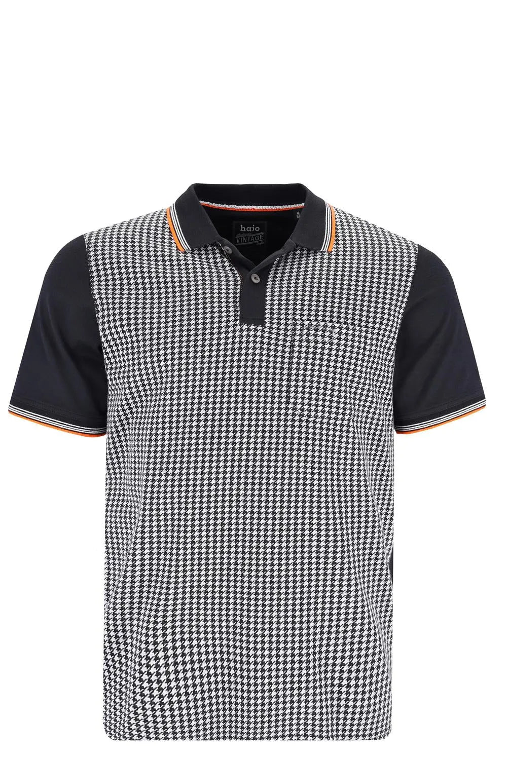 Hahnentritt-Poloshirt mit marineblauen Ärmeln und Kragen, weißen Knöpfen, schwarz-cremefarbenem Muster.