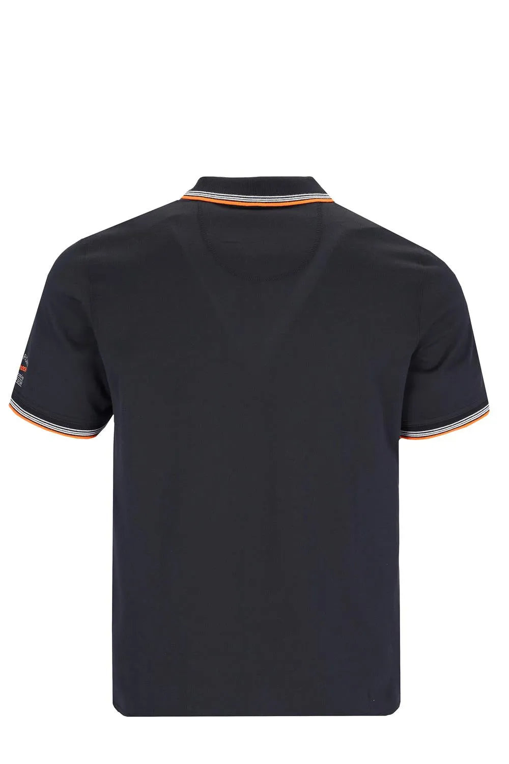 Marineblaues Poloshirt mit orangefarbenem und weißem Besatz, geripptem Kragen und Manschetten.