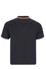 Marineblaues Poloshirt mit orangefarbenem und weißem Besatz, geripptem Kragen und Manschetten.