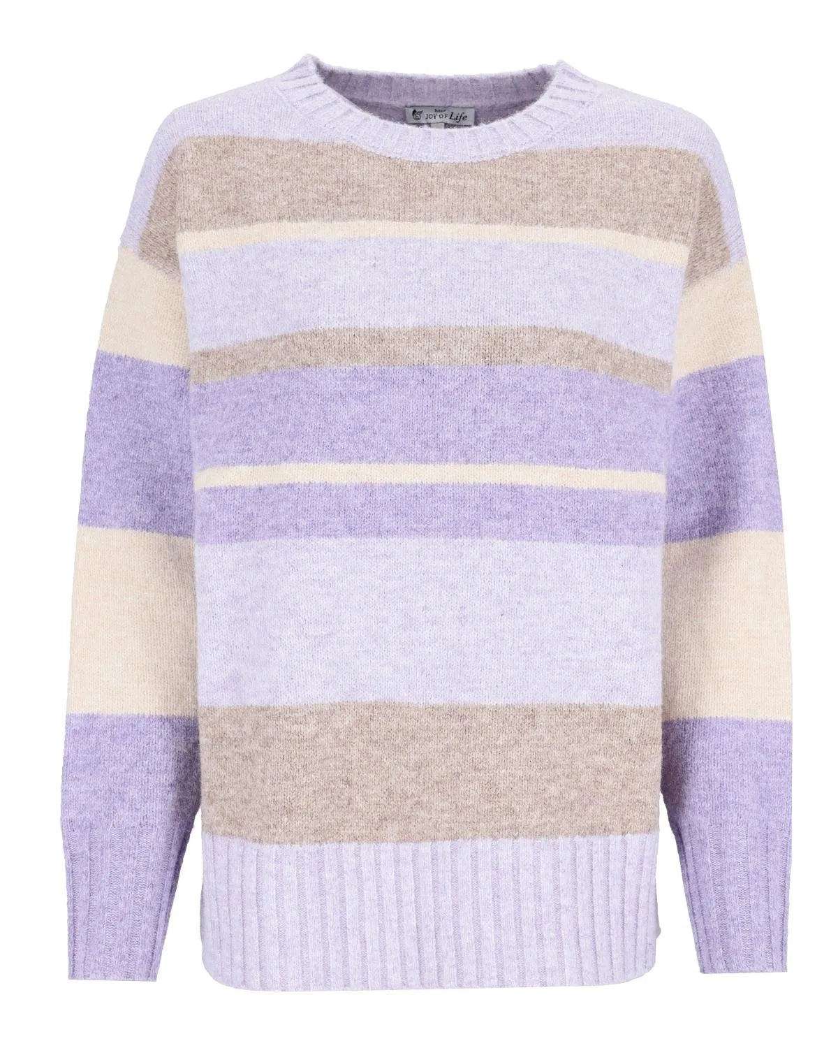 Lavendelfarben und beige gestreifter Pullover mit gerippten Bündchen und Saum, wahrscheinlich aus Baumwolle oder einem ähnlichen weichen Material.