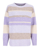 Lavendelfarben und beige gestreifter Pullover mit gerippten Bündchen und Saum, wahrscheinlich aus Baumwolle oder einem ähnlichen weichen Material.