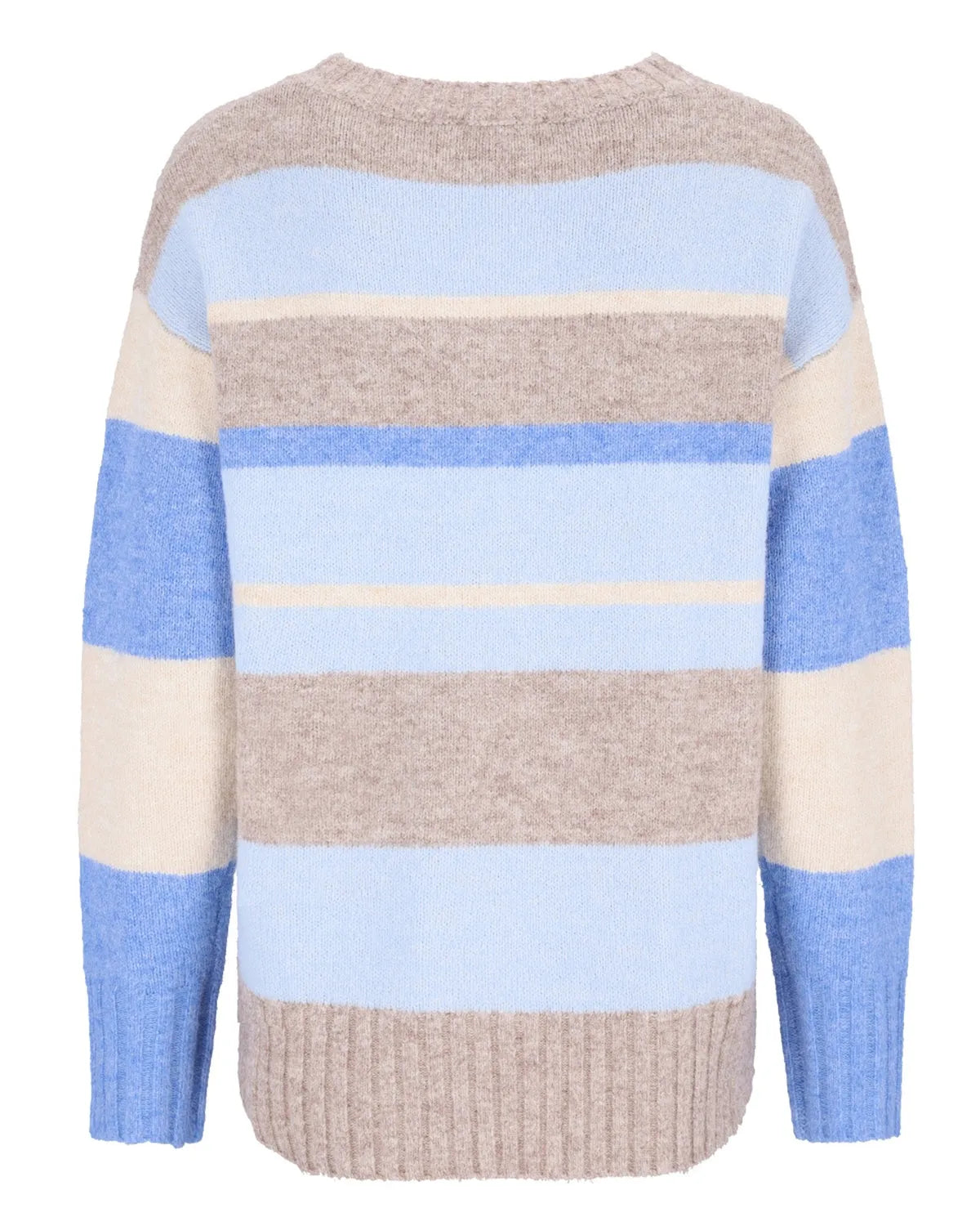 Pastellfarben gestreifter Pullover mit Rippbündchen an Ärmeln und Saum, aus weichem Strickmaterial.