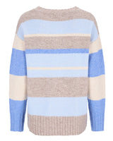 Pastellfarben gestreifter Pullover mit Rippbündchen an Ärmeln und Saum, aus weichem Strickmaterial.
