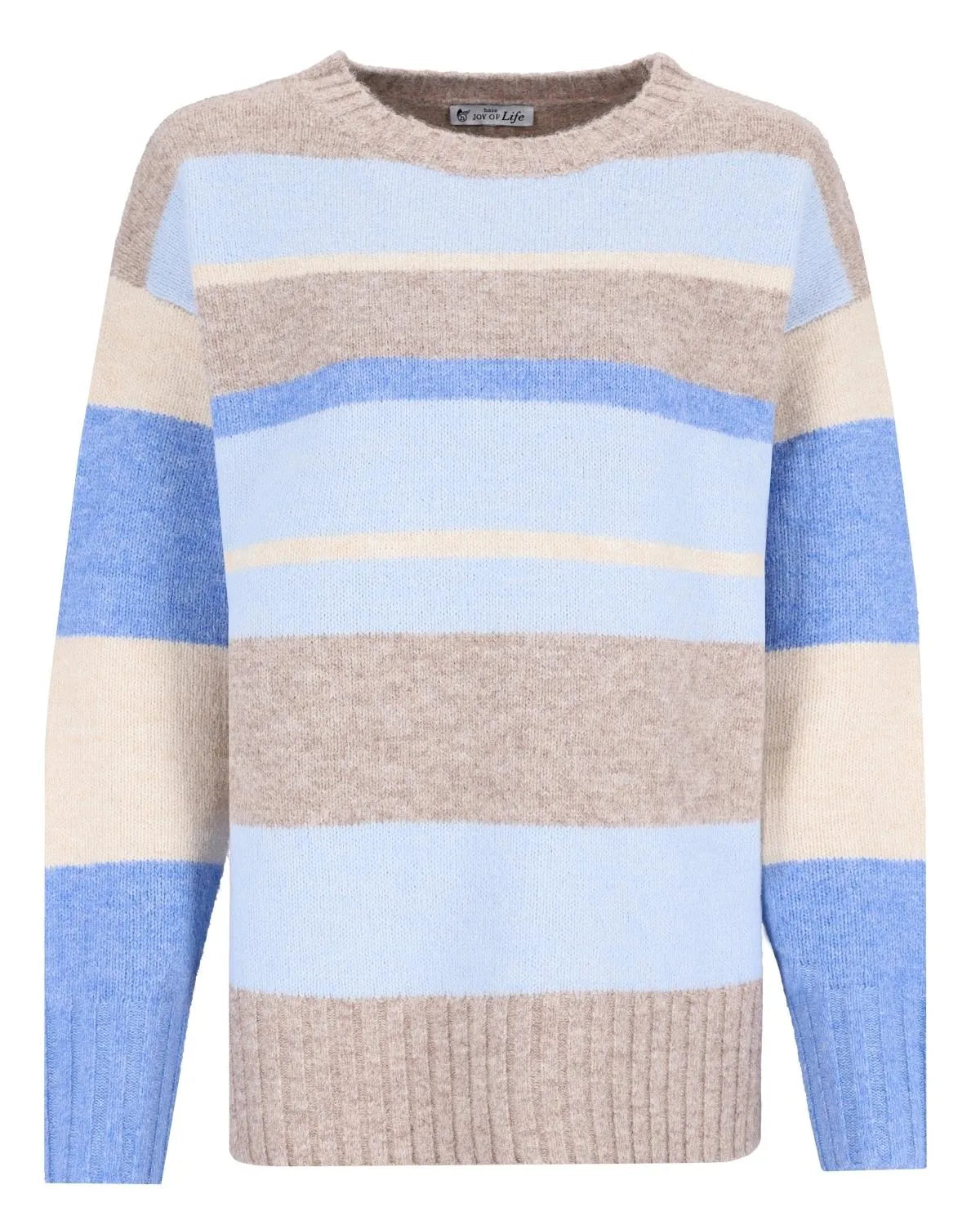 Gestreifter Pullover in beige, hellblau und cremefarben, Rippenstrickstruktur.