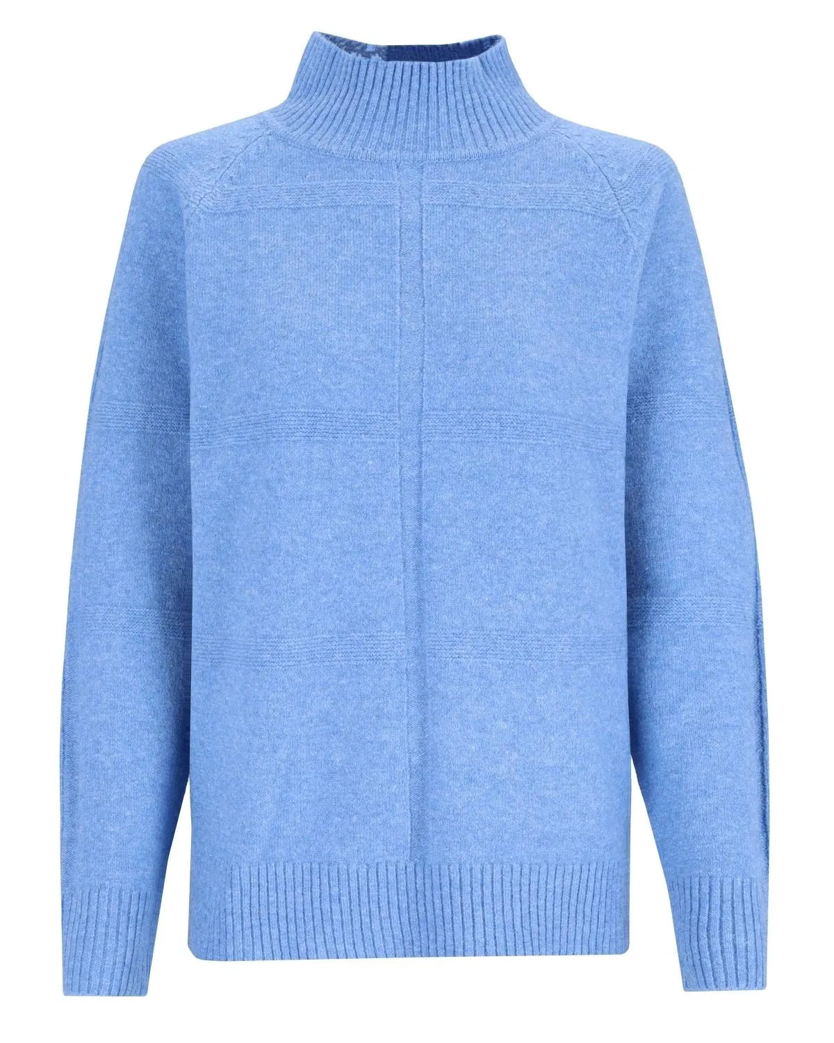 Hellblauer Rollkragenpullover mit Rippstrickstruktur und dezentem Muster.