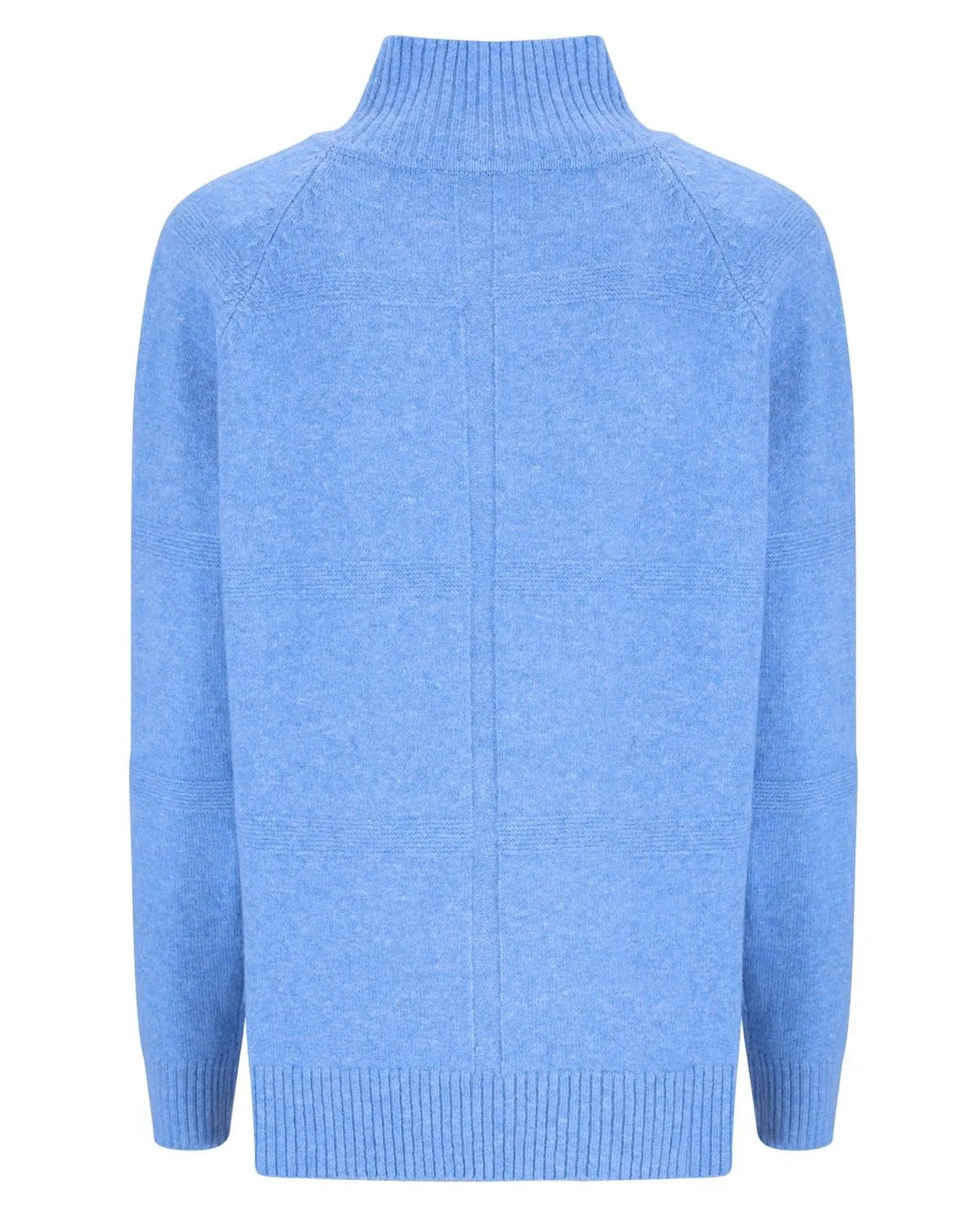 Hellblauer Rollkragenpullover mit strukturiertem Muster und gerippten Bündchen und Saum.