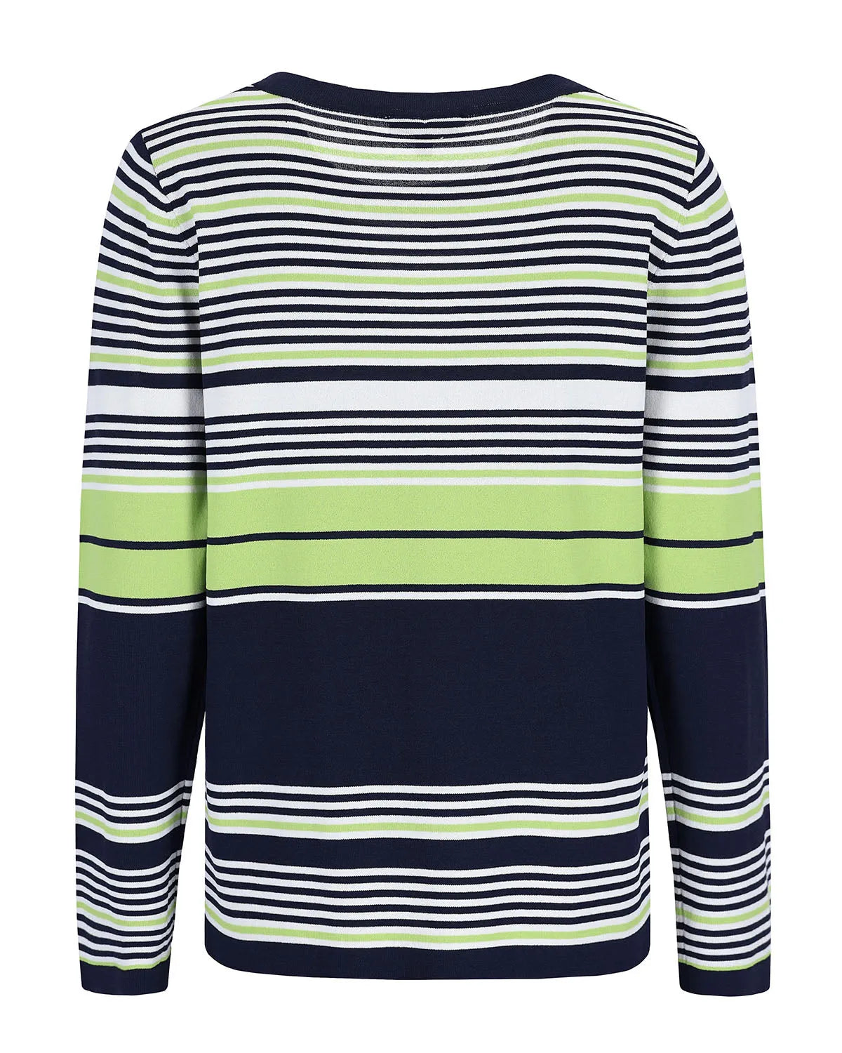 Gestreifter Pullover mit marineblauen, grünen und weißen Streifen aus einer weichen Baumwollmischung.