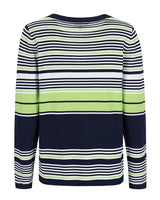 Gestreifter Pullover mit marineblauen, grünen und weißen Streifen aus einer weichen Baumwollmischung.