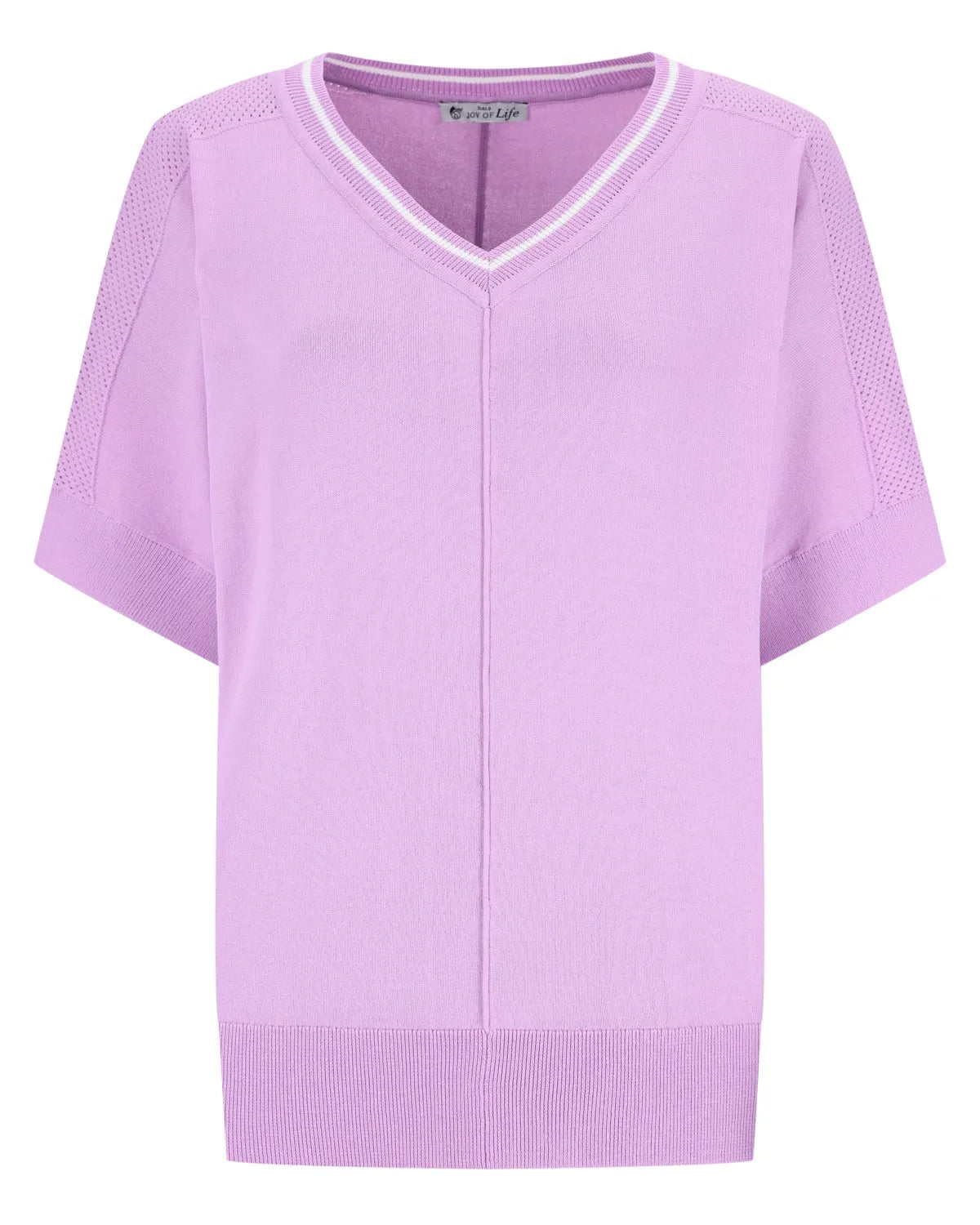 Lavendelfarbener Pullover mit V-Ausschnitt, weißem Besatz und gefaltetem Saum.