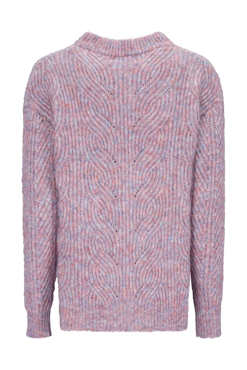 Lavendelfarbener Zopfstrickpullover mit dezenten Metallic-Akzenten.