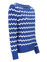 Pullover Ajourstrick: blauer Strickpullover mit weißem Zickzackmuster