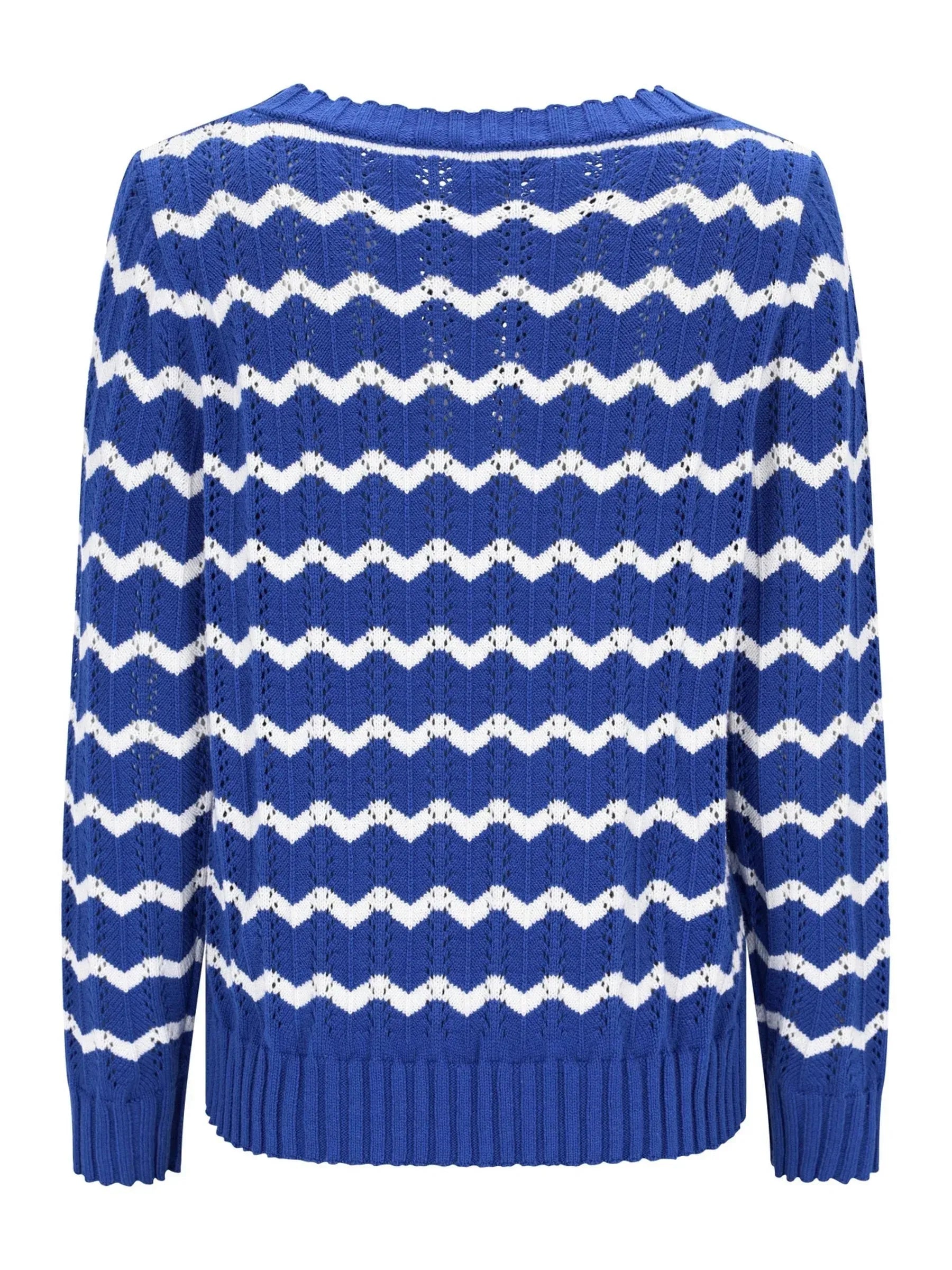 Pullover Ajourstrick: blauer-weißer Zickzack-Strickpullover mit Rippbündchen