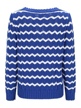 Pullover Ajourstrick: blauer-weißer Zickzack-Strickpullover mit Rippbündchen
