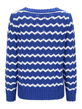 Pullover Ajourstrick: blauer-weißer Zickzack-Strickpullover mit Rippbündchen