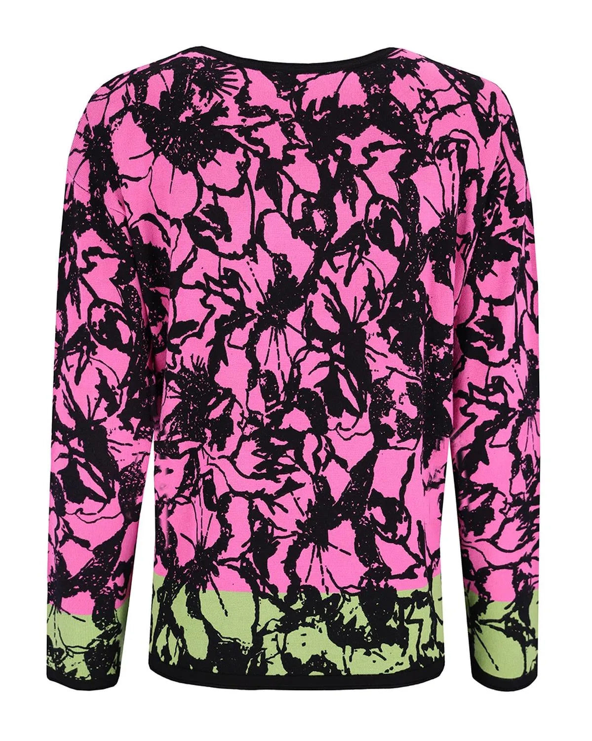 Neonrosa und grüner Pullover mit Blumendruck und schwarzer Spitze.