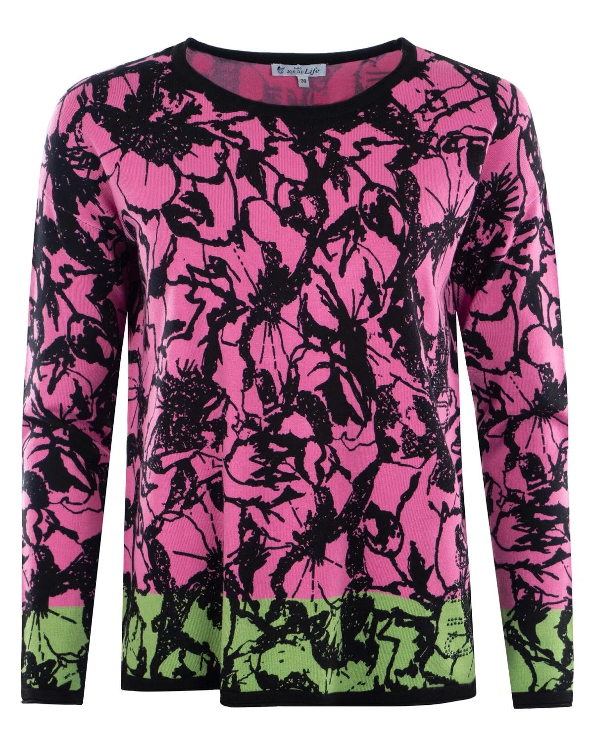 Rosa und grüner Pullover mit Blumendruck und schwarzen Akzenten.