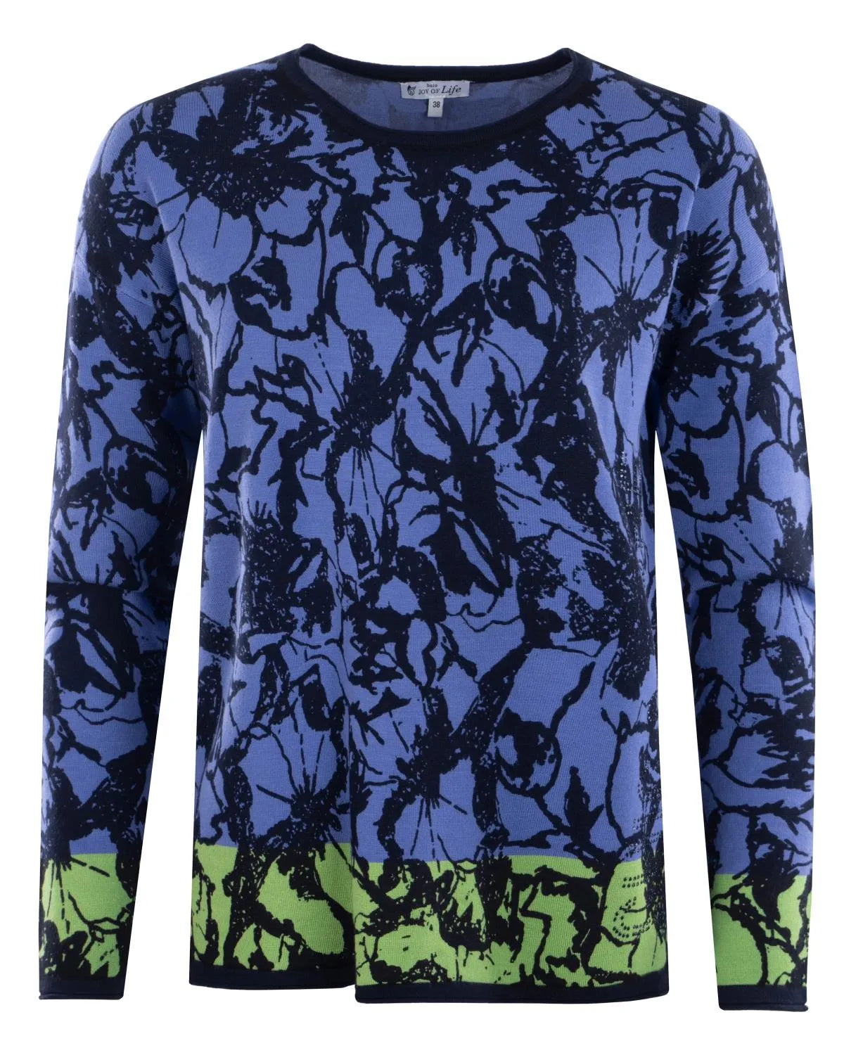 Blauer und grüner Pullover mit abstraktem Muster und schwarzen Akzenten, wahrscheinlich aus Baumwolle oder Polyestergemisch.