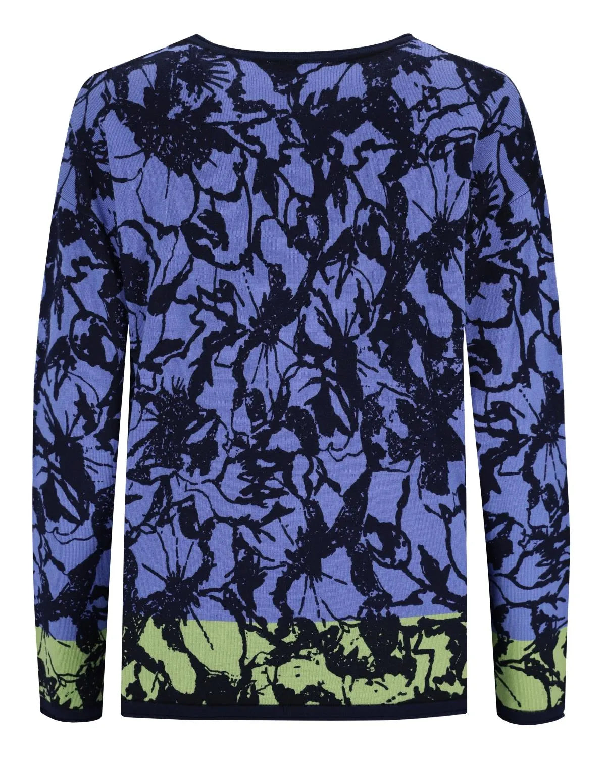 Blaues und grünes langärmeliges Top mit Blumendruck und Rundhalsausschnitt.