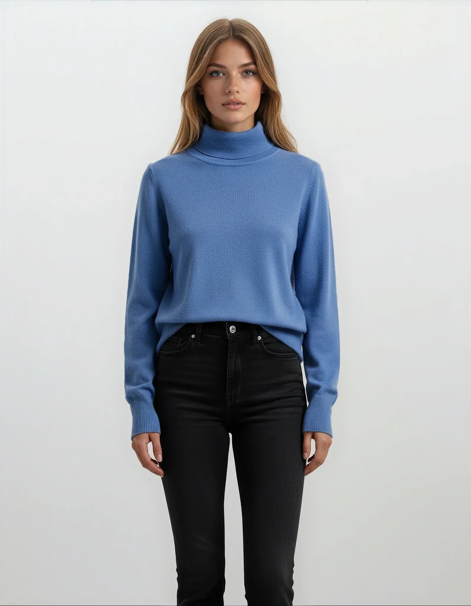 Weicher blauer Rollkragenpullover mit Rippstruktur und langen Ärmeln