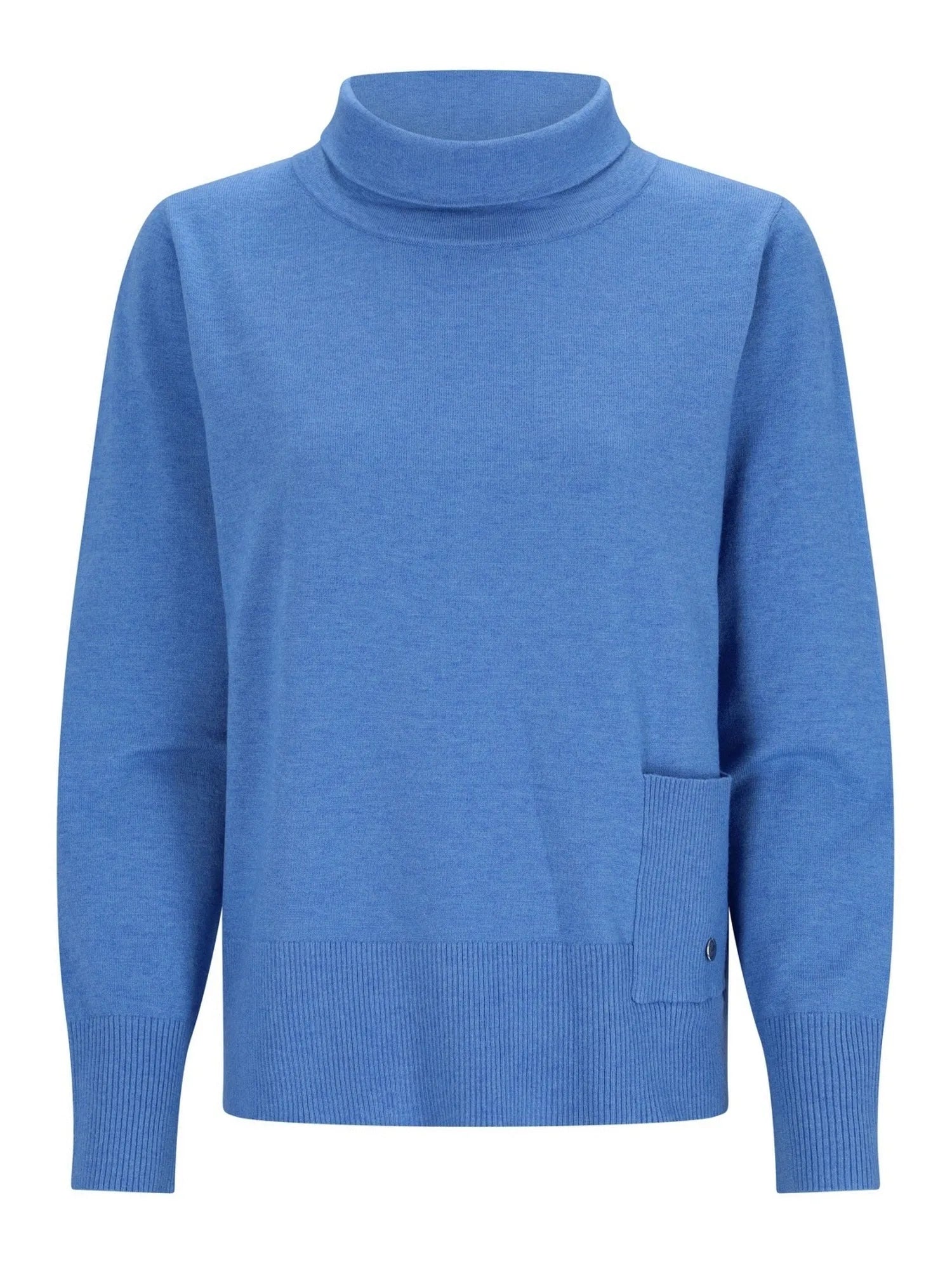 Blauer Rollkragenpullover mit Taschen-Detail und geripptem Saum.