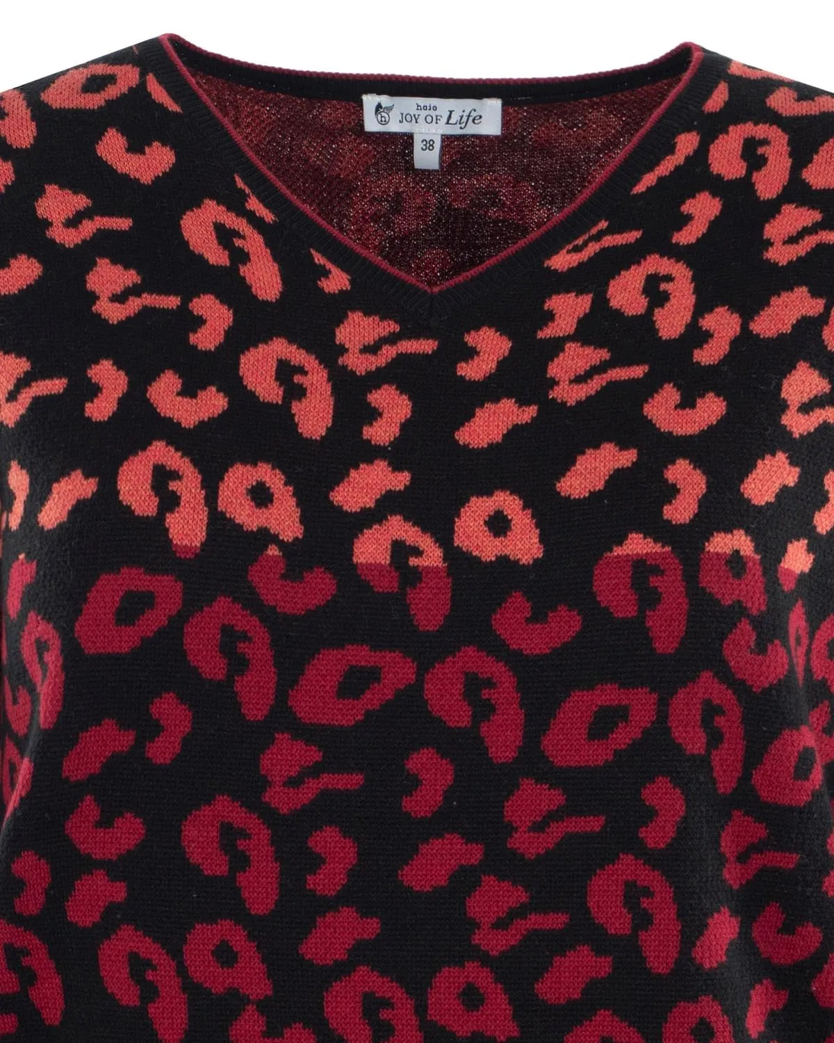 Pullover mit Leopardenmuster und Spitzenbesatz, schwarz-rotes Design.
