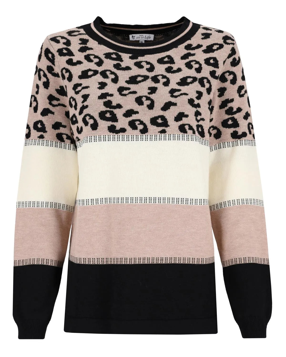 Pullover mit Leopardenmuster und rosa und schwarzen Farbblöcken, strukturiertes Strickmuster.