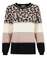 Pullover mit Leopardenmuster und rosa und schwarzen Farbblöcken, strukturiertes Strickmuster.