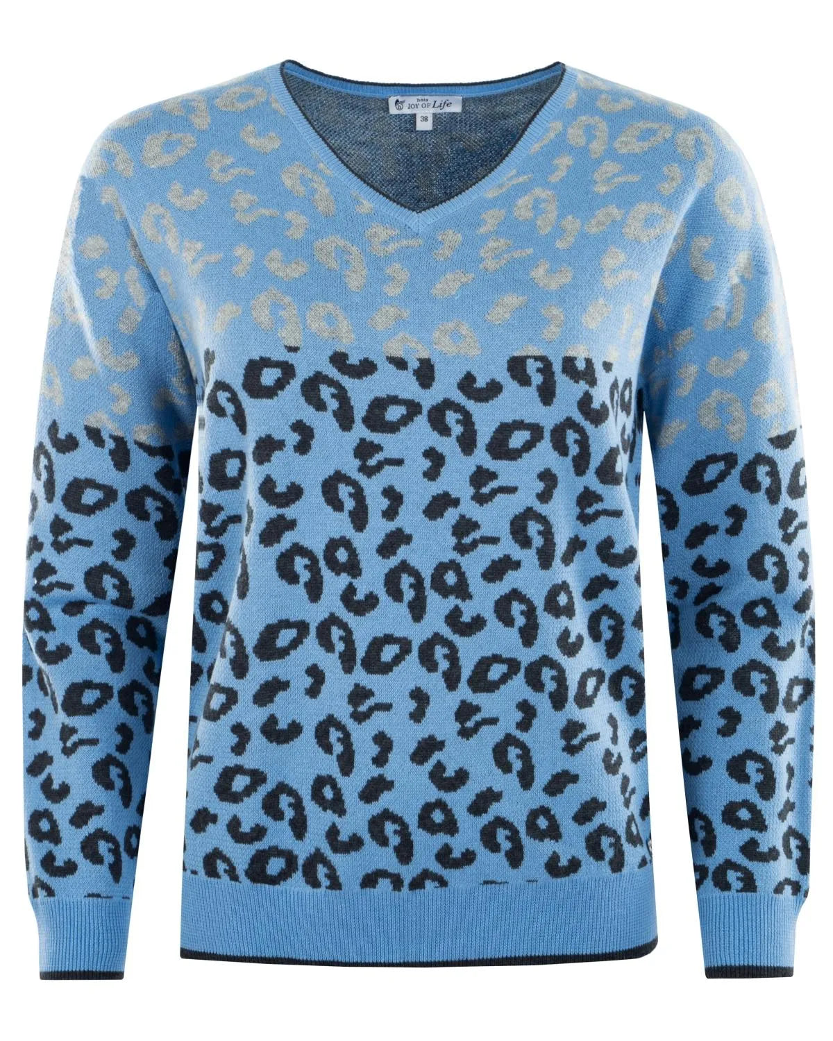 Blauer Pullover mit Leopardenmuster, V-Ausschnitt und langen Ärmeln.