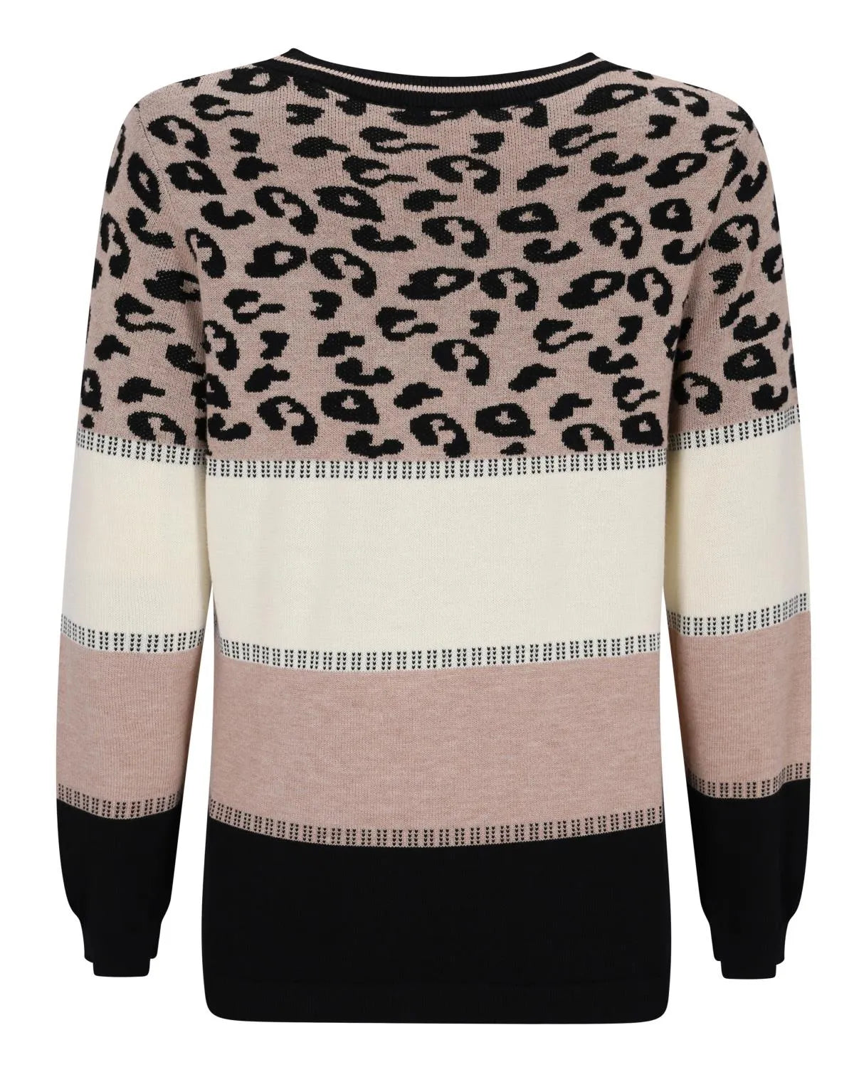 Pullover mit Leopardenmuster und schwarzen und cremefarbenen Akzenten, aus weichem Strickmaterial.