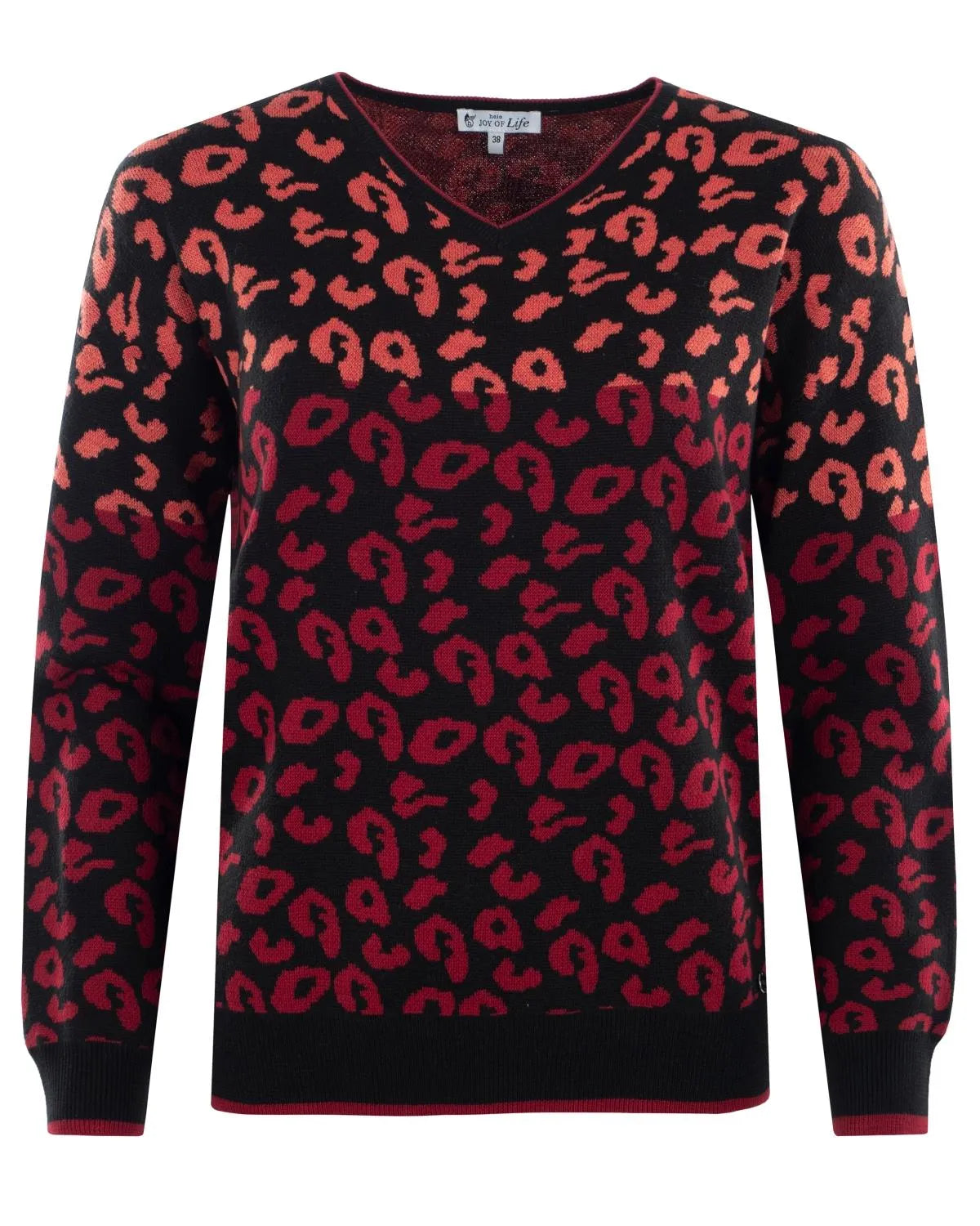 Pullover mit Leopardenmuster, V-Ausschnitt und rotem Saum.