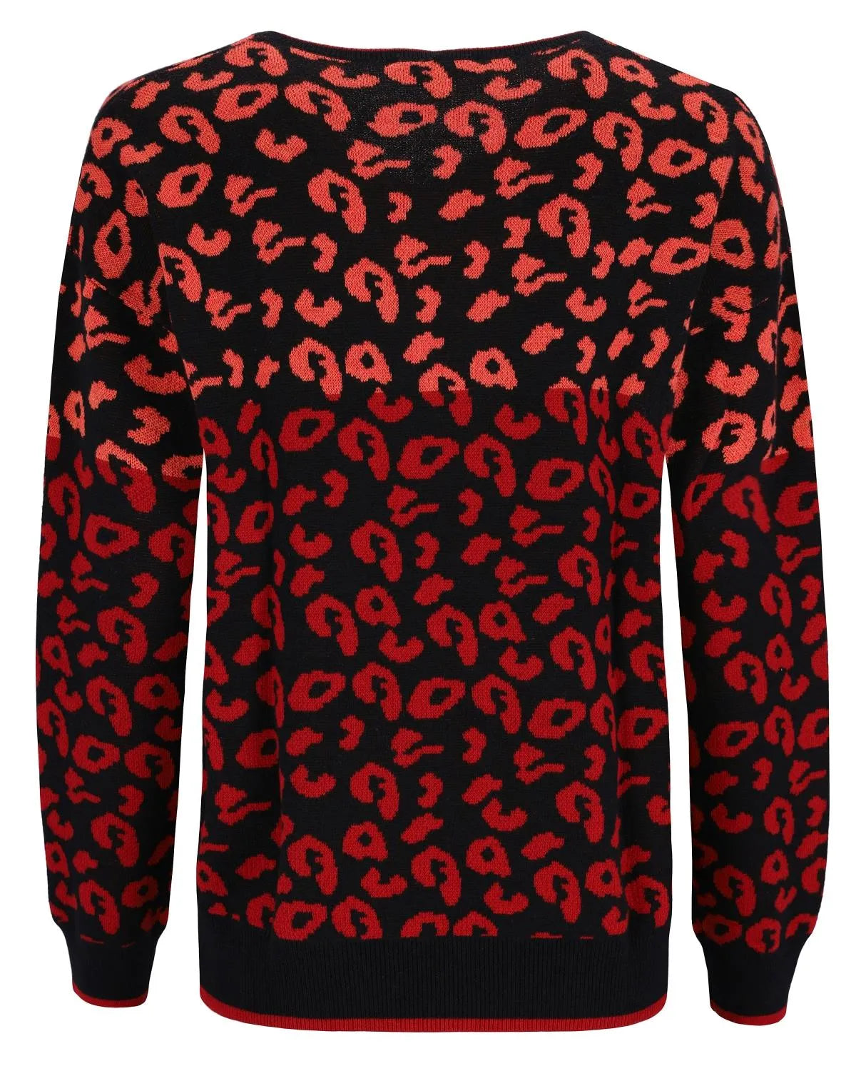 Roter Pullover mit Leopardenmuster, schwarzem Hintergrund und gerippten Bündchen, Kragen und Saum.