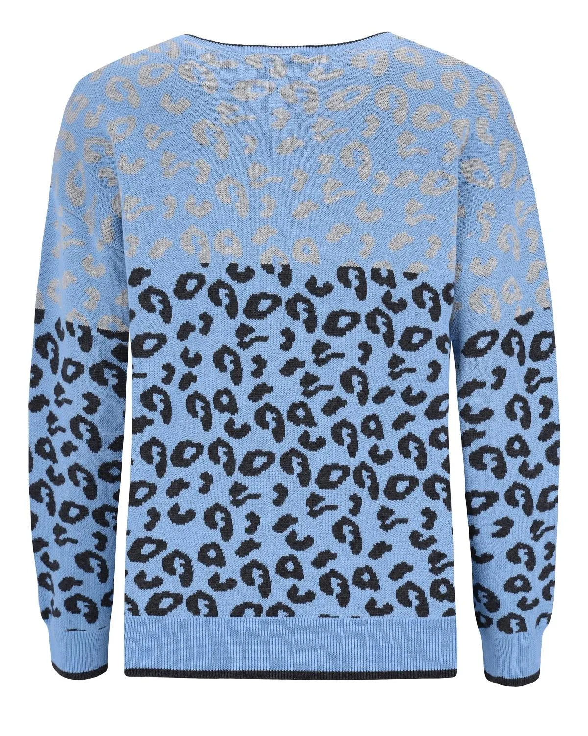 Blauer Pullover mit Leopardenmuster, goldenen Akzenten und Rippbündchen.