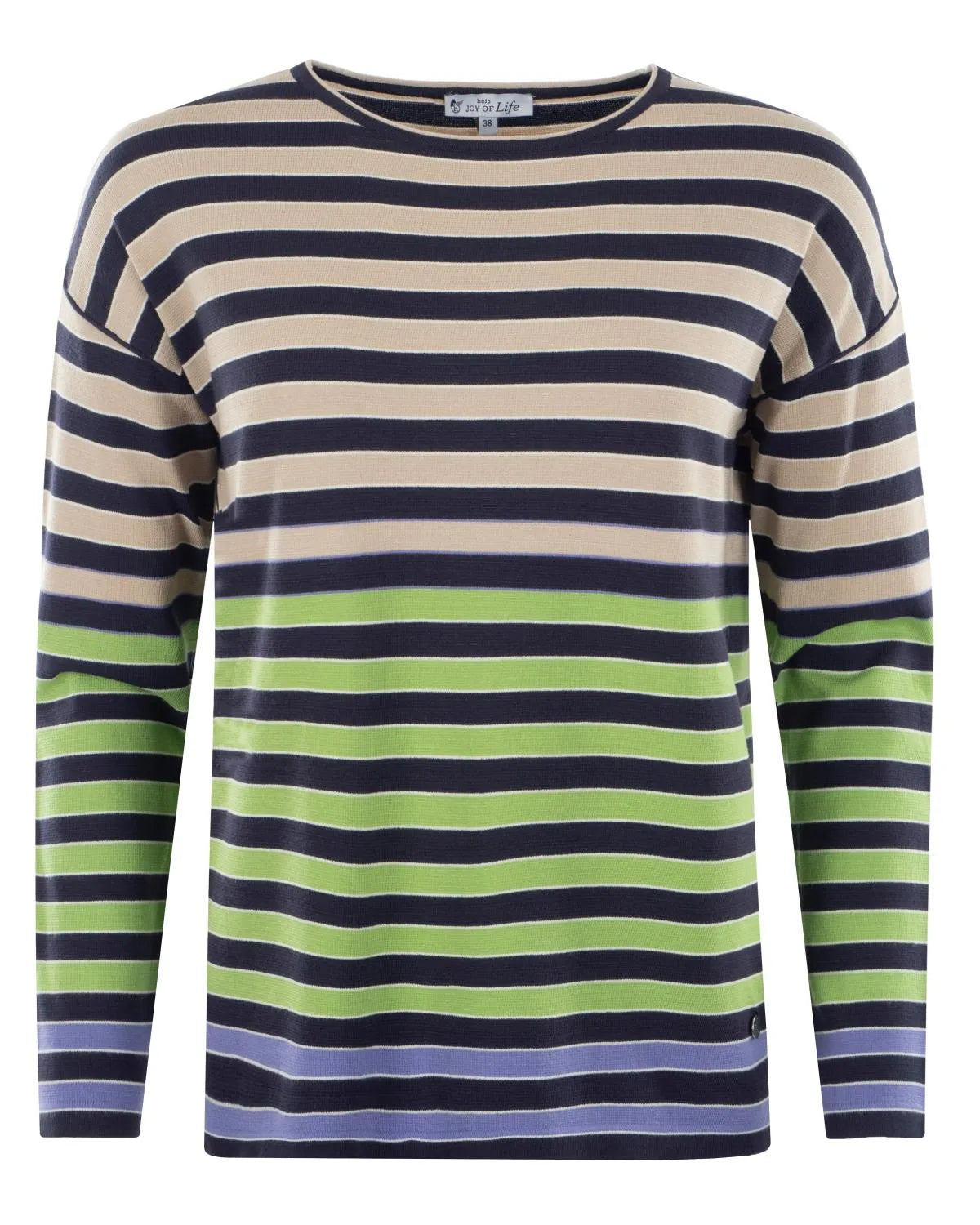 Gestreifter Pullover mit grünen, blauen und beigen Streifen auf cremefarbenem Hintergrund.