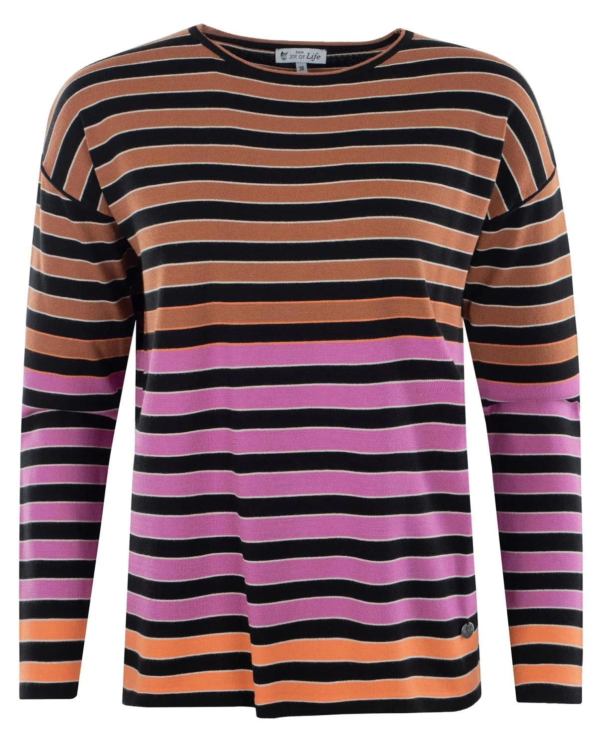 Gestreifter Pullover mit braunen, lila und orangefarbenen Streifen auf schwarzem Grund.