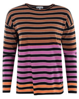 Gestreifter Pullover mit braunen, lila und orangefarbenen Streifen auf schwarzem Grund.