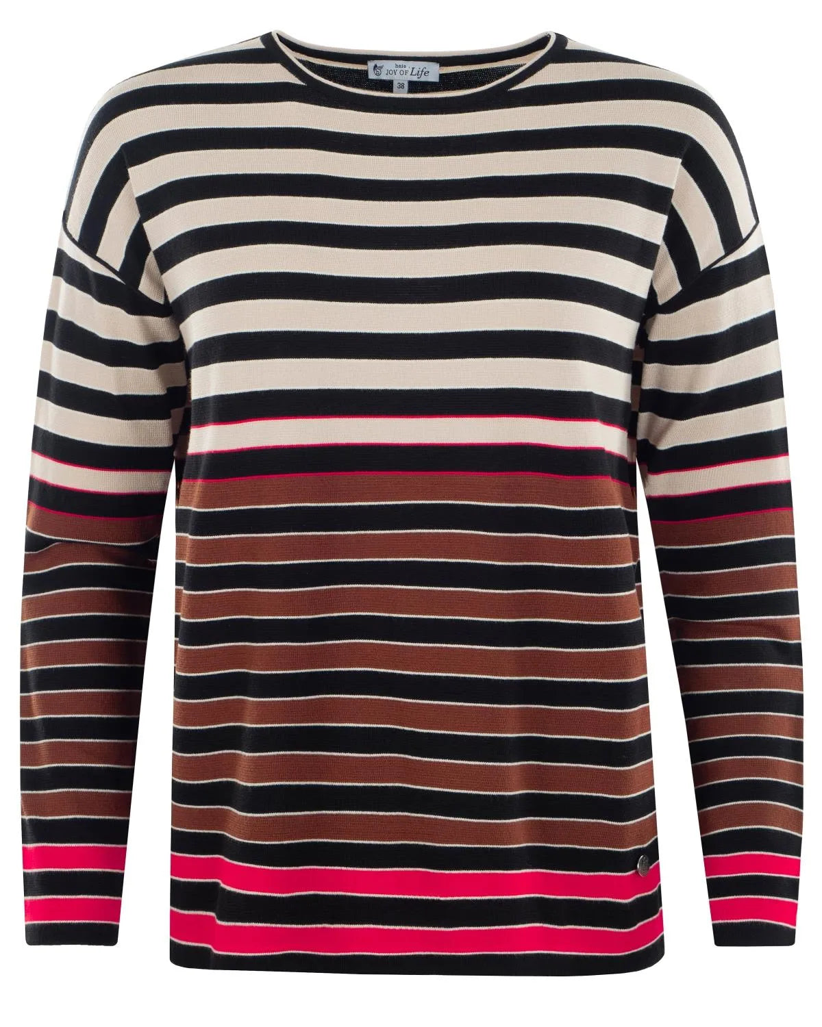 Gestreifter Pullover mit schwarzen, weißen, rosa und braunen Streifen auf einem Baumwollmischgewebe.
