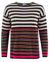 Gestreifter Pullover mit schwarzen, weißen, rosa und braunen Streifen auf einem Baumwollmischgewebe.