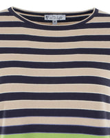 Gestreifter Pullover mit marineblauen, beigen und grünen Streifen auf weißem Grund.
