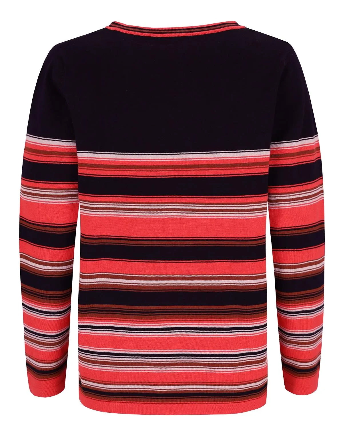 Rot und schwarz gestreifter Pullover mit Rundhalsausschnitt.