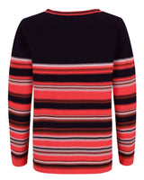 Rot und schwarz gestreifter Pullover mit Rundhalsausschnitt.