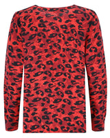 Rotes langärmeliges Top mit Leopardenmuster, schwarzen Punkten und strukturiertem Stoff.